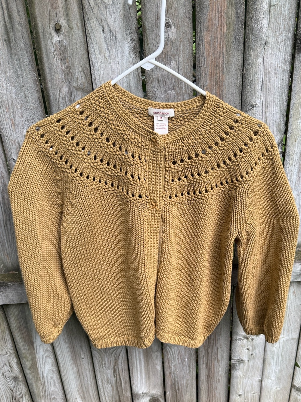 Sundance Pointelle Eyelet Open Knit Cardigan Gold cotton cashmere 3/4 sleeves M